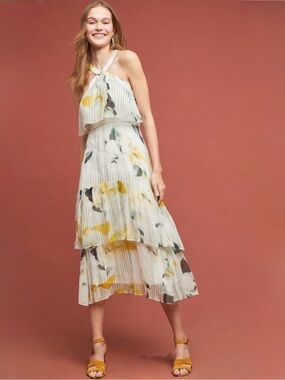 Anthropologie Garden Party Maxi Tiered Halter Dress Yellow White Floral